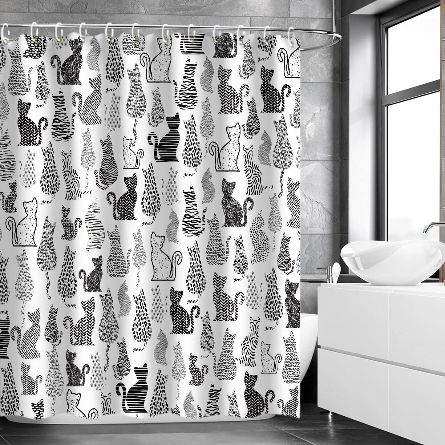LIVILAN Cat Shower Curtain for Bathroom Cute Shower Curtain with 12 Hooks Kitten Animal Decorative Black and White Fabric Bath Curtain Gift for Cat Lovers Kids and Girls Machine Washable (72"W X 72"H)