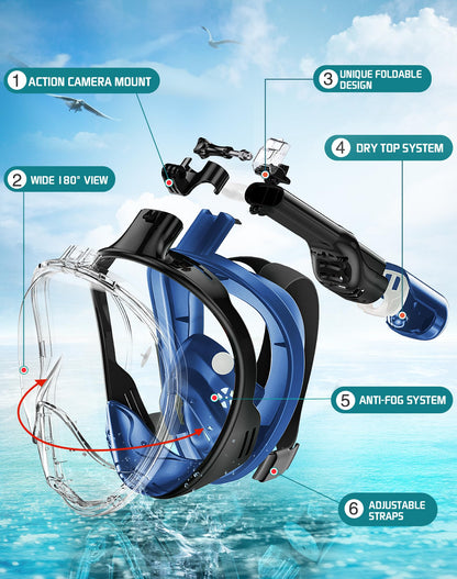 Greatever Full Face Snorkel Mask, Snorkeling Gear for Adults with Latest Dry Top Breathing System and Detachable Camera Mount, Snorkel Mask Adult, Snorkels Anti-Fog & Anti-Leak