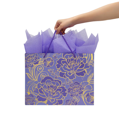 Qirrmiy 13" Large Rose Purple Gift Bag Set with Greeting Card and Tissue Paper for Women or Girls for Celebrating Birthdays, Valentine's Day, Weddings, Anniversaries, Mother's Day
