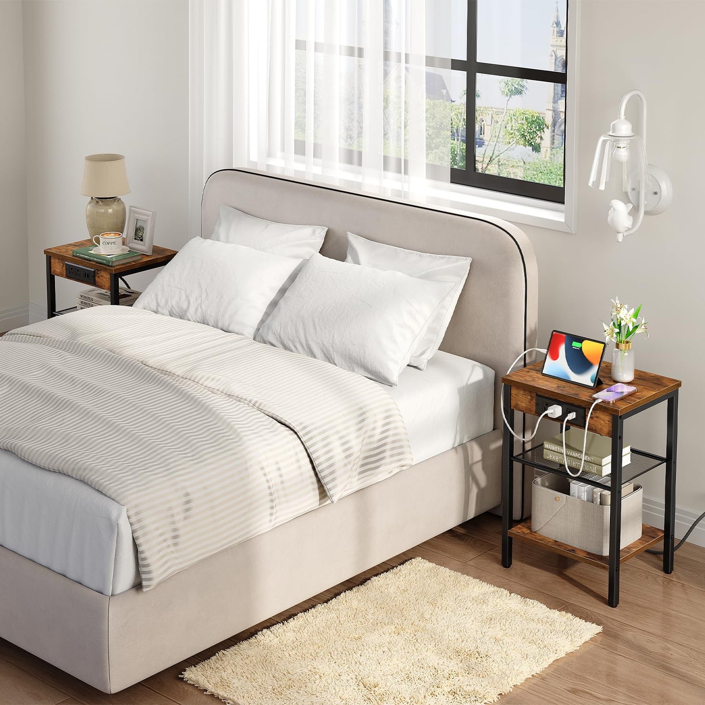 HOOBRO Side Table with Charging Station and USB Ports, Small End Table for Small Space, 3-Tier Nightstand with Adjustable Shelf, for Living Room, Bedroom and Balcony, Rustic Brown BF112BZ01