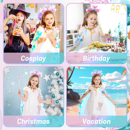 LIMIROLER Princess Dress Up Toys Princess Dress Up Clothes Rainbow Mermaid Cape Kit 9 Pcs Gift Set for Little Girls 3-8 Years Old, Great Gift Set for Birthday Christmas Halloween (Rainbow Pink)