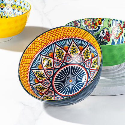 HENXFEN LEAD Ceramic Cereal, Soup Bowls Set of 6-25 Oz Porcelain Serving Bowls for Dinner, Pasta, Salad, Oatmeal, Microwave & Dishware Safe - Bohemian Style