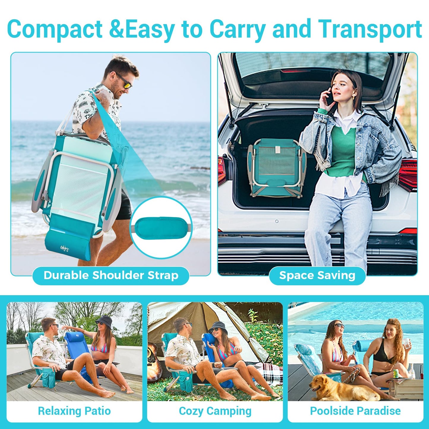 #WEJOY Lightweight Low 2 Pack Beach Chair for Adults, 4-Position Aluminum Folding Camping Chairs with Backpack Strap, Cup Holder and Padded Headrest, Supports 265lbs for Lawn Outdoor Cyan