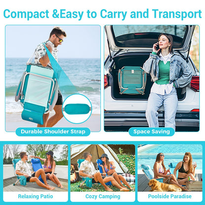 #WEJOY Lightweight Low 2 Pack Beach Chair for Adults, 4-Position Aluminum Folding Camping Chairs with Backpack Strap, Cup Holder and Padded Headrest, Supports 265lbs for Lawn Outdoor Cyan