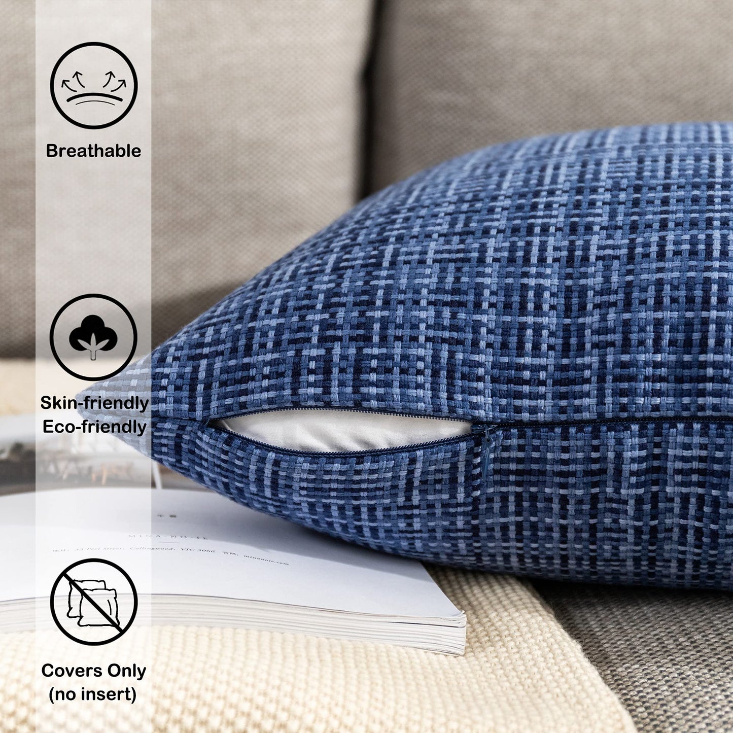 Kevin Textile Pack of 2 Decorative Outdoor Waterproof Throw Pillow Covers Stripe Square Pillowcases Modern Cushion Cases for Patio Couch Bench 20 x 20 Inch Navy Blue