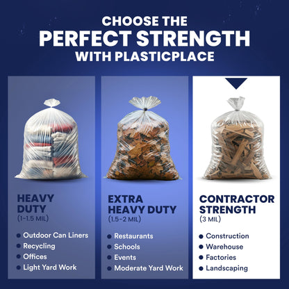 Plasticplace Contractor Trash Bags 55-60 Gallon, Heavy Duty Garbage Bags, 3.0 Mil Clear Trash Bags, Tear-Resistant Large Trash Can Liners for Construction, Recycling & Home Improvement (50 Count)