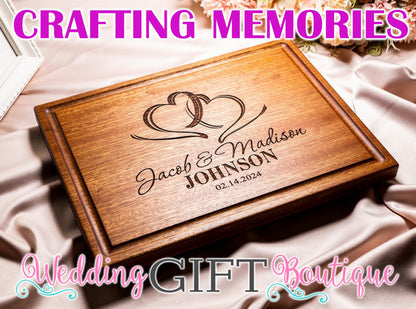 Personalized Cutting Board, Custom Wedding, Anniversary or Housewarming Gift Idea, Wood Engraved Charcuterie, for Newlyweds and Couples, Two Hearts Design 027