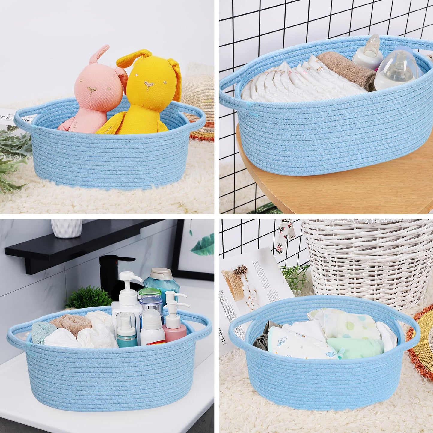 ABenkle Small Basket with Handles - Decorative Durable Rope Woven Storage Bin Shelf Storage Organizer Cube, Easter Baby Gift Basket, 12"x8"x5", Blue