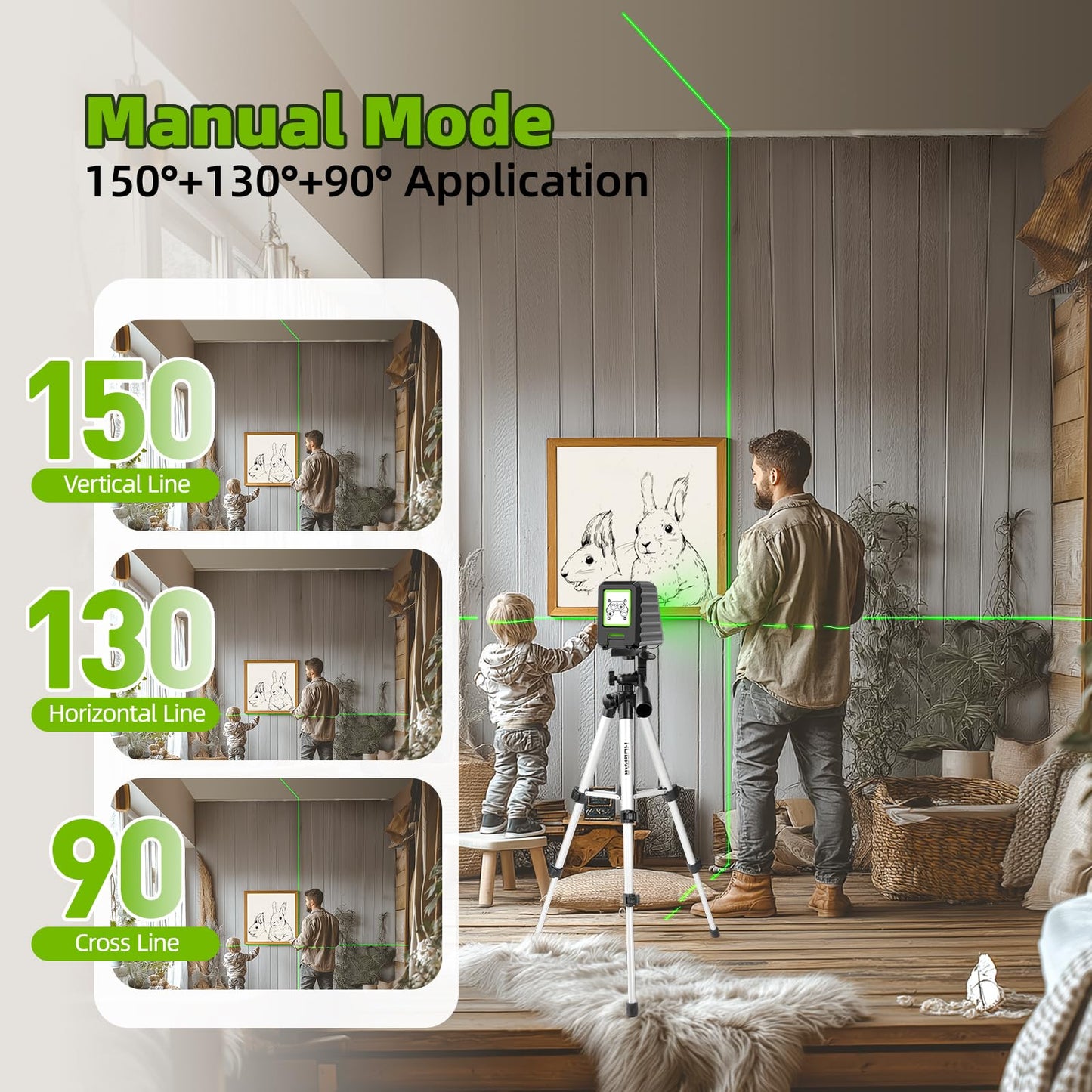 Laser Level with Tripod, Huepar 150Ft Self Leveling Lazer Level Outdoor Use, 150° Vertical Green Cross Line Level Laser for Picture Hanging, Tile, Construction Project - Pulse Mode (25.6 in Tripod)