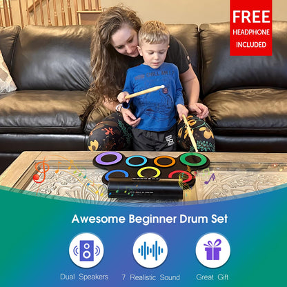 ROCKSOCKI Electric Drum Set, 7-Pad Electronic Drum Set with Headphone Included, Roll-up Drum Pad For Kids, Great Holiday Xmas Birthday Gift (Dual Speakers)