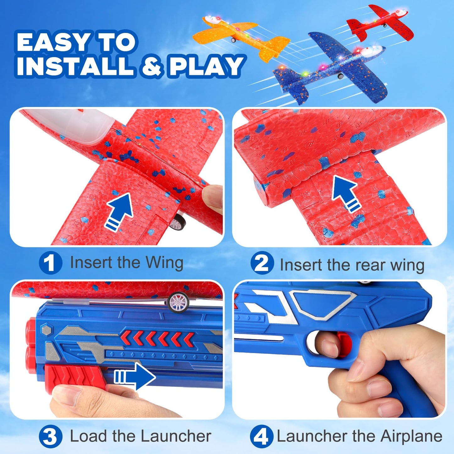 3 Pack Airplane Launcher Toy, 12.6" Foam Glider Led Plane, 2 Flight Mode Catapult Plane for Kids Outdoor Sport Flying Toys Gifts for 3 4 5 6 7 8 9 10 12 Year Old Boys Girls