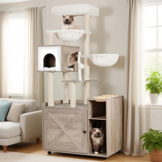 Hey-brother Cat Tree with Litter Box Enclosure, Modern Cat Tower for Indoor Cats with Large Platform, Condo Food Station and 2 Hammocks, All-in-one Cat Furniture, Wood Rustic Gray MPJ115SG