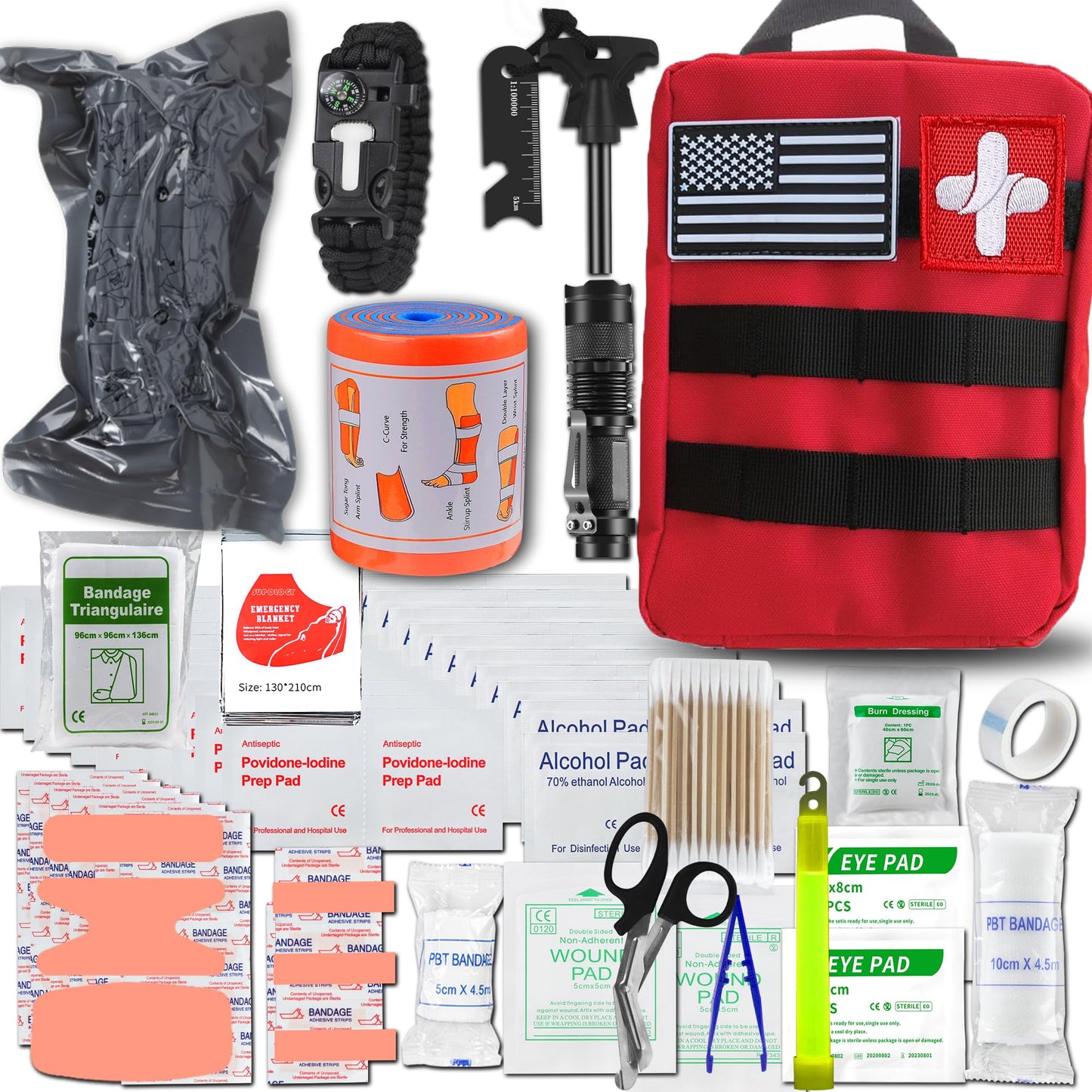 First Aid Kits with Tourniquet 36" Splint Bandage, Survival Gear and Equipment Multi-Purpose Emergency Bag Tool Kits, Survival First aid Kits Emergency kit for Outdoor Camping Hunting Car (Red)