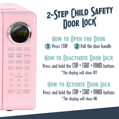 Nostalgia Retro Microwave Oven 0.7 Cu Ft, 700-Watt Countertop Size with Glass Turntable, Child Safety Lock, 8 Auto-Cook Programs, Digital Clock, Pink