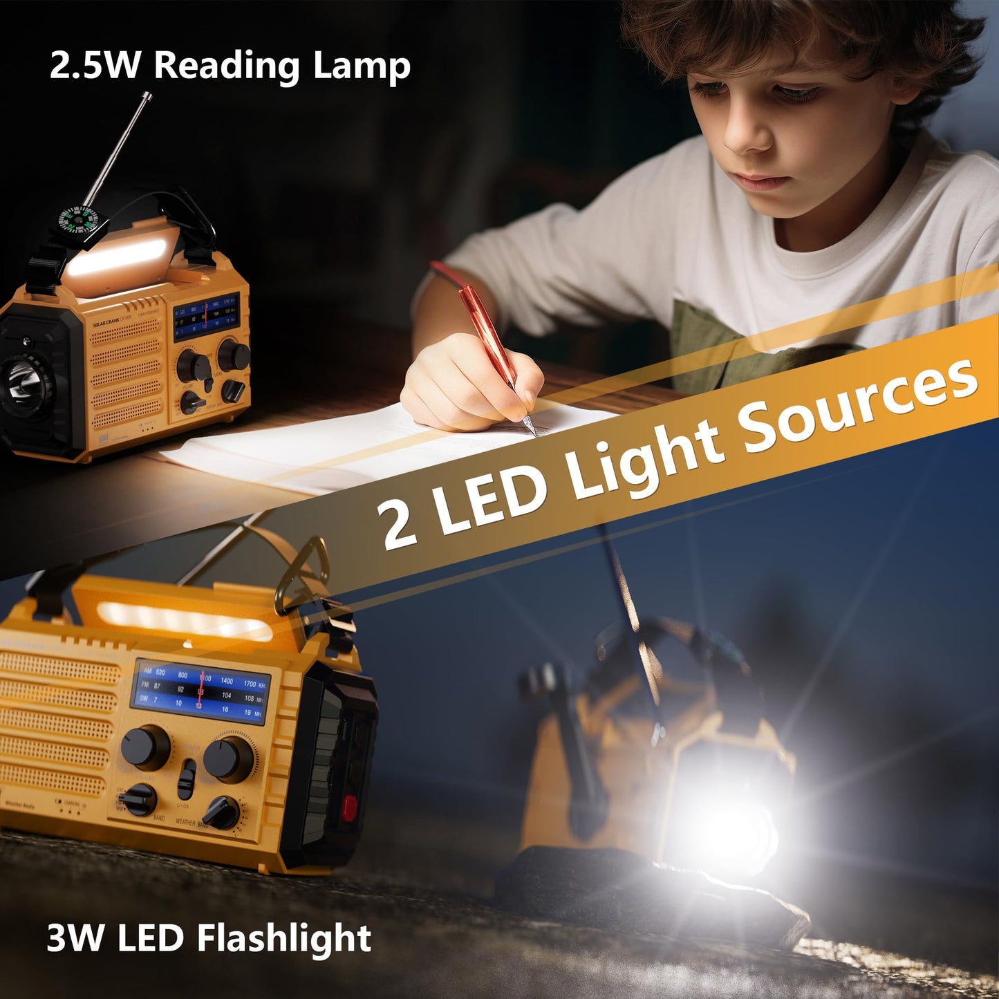 5000 Weather Radio,Solar Hand Crank 5-Way Power Emergency Radio,AM/FM/Shortwave/NOAA Alert Survival Portable Radio,Power Bank USB Charger,Camping Flashlight,Reading Lamp,Headphone Jack,SOS,Compass