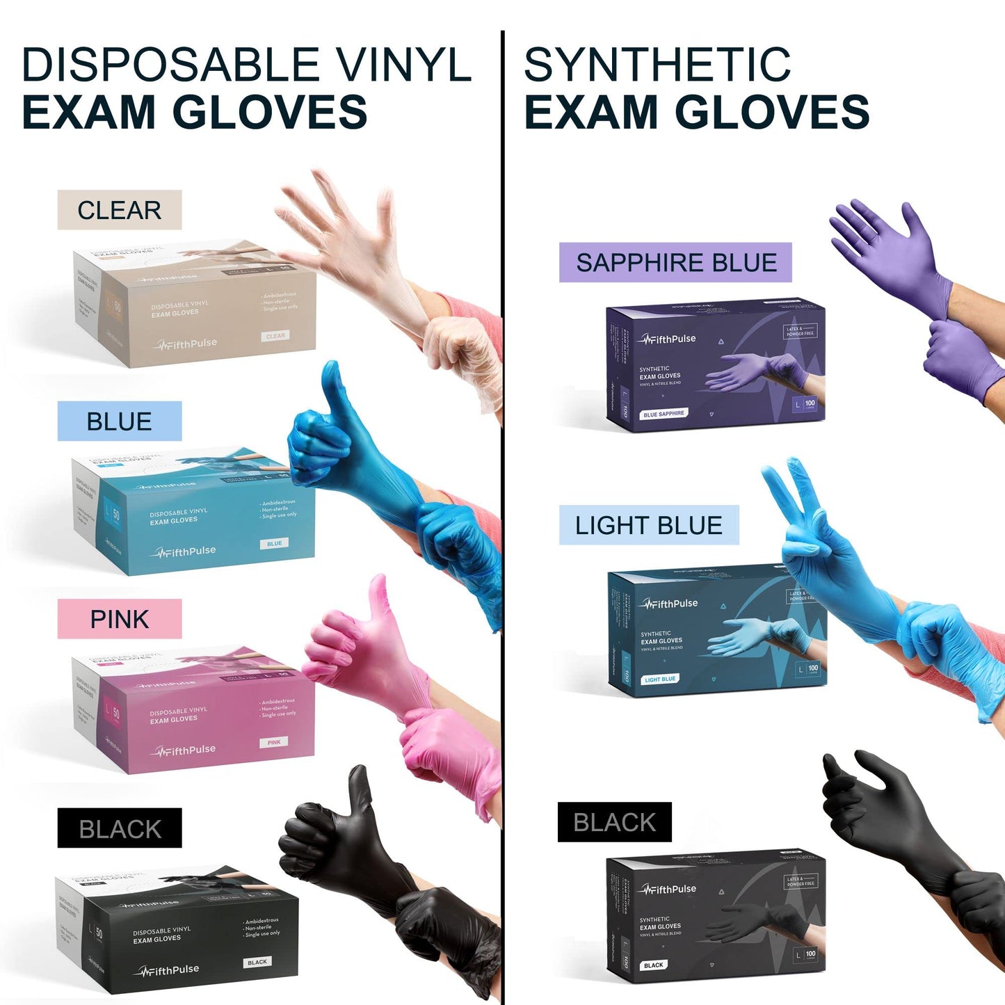 FifthPulse Black Vinyl Disposable Gloves Medium 50 Pack - Latex Free, Powder Free Medical Exam Gloves - Surgical, Home, Cleaning, and Food Gloves - 3 Mil Thickness