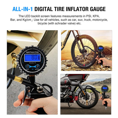 Nilight 50026R Digital Tire Inflator Pressure Gauge,250 PSI Air Chuck and Compressor Accessories Heavy Duty with Rubber Hose Quick Connect Coupler for 0.1 Display Resolution