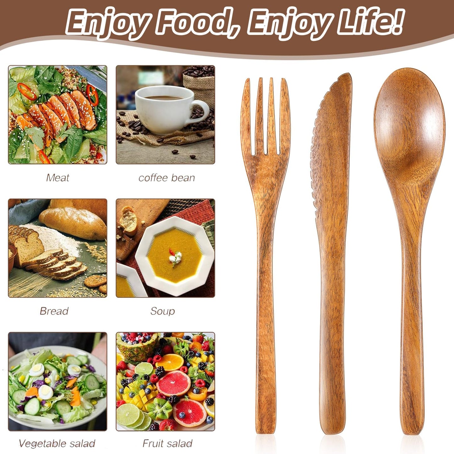 Geiserailie 12 Pcs Wooden Utensils for Eating Wooden Spoon Fork Knife Cutlery Set Kitchen Wood Dinner Flatware Tableware Set Includes Spoon, Fork, Knife (Teak Wood)