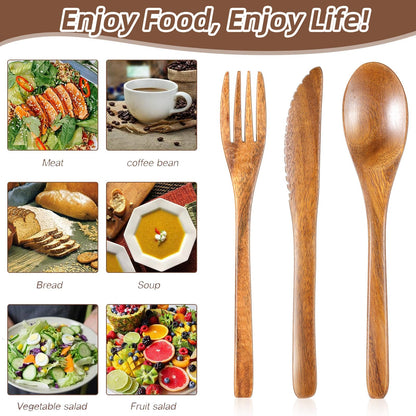 Geiserailie 12 Pcs Wooden Utensils for Eating Wooden Spoon Fork Knife Cutlery Set Kitchen Wood Dinner Flatware Tableware Set Includes Spoon, Fork, Knife (Teak Wood)