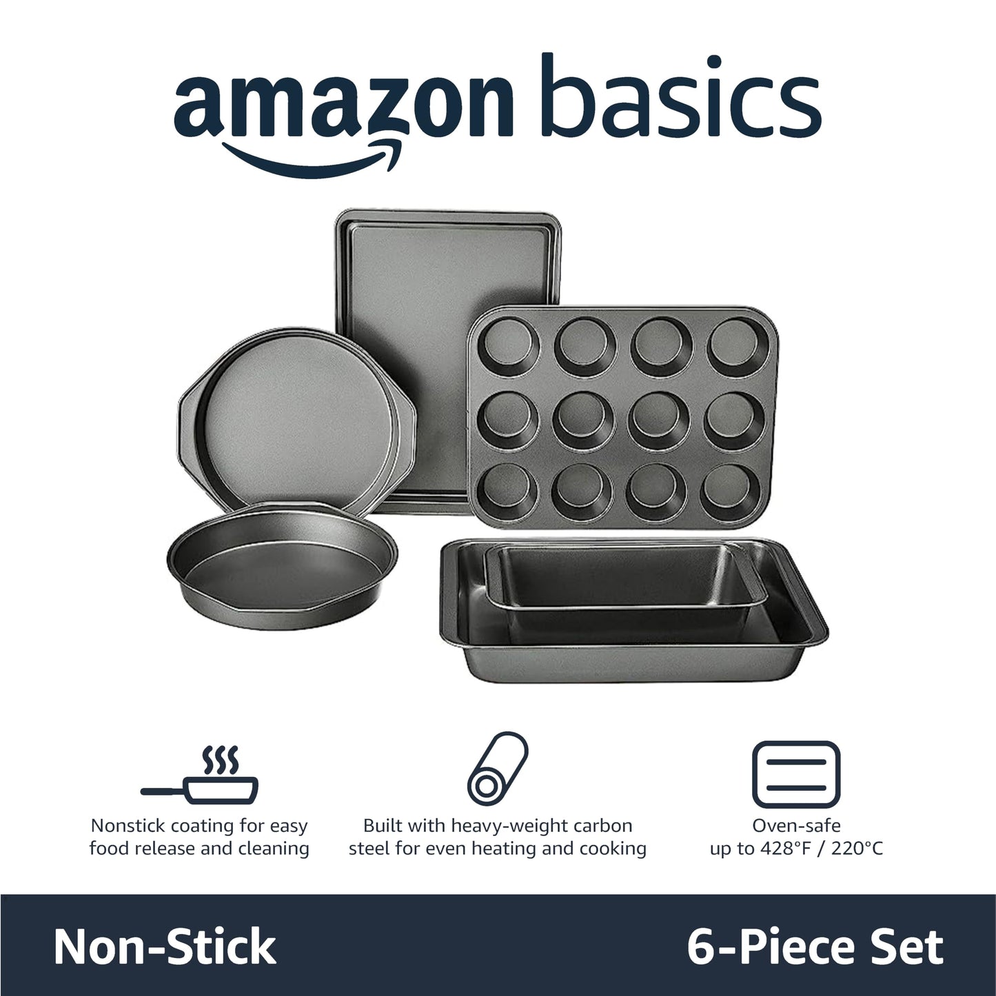 Amazon Basics 6 Piece Nonstick, Carbon Steel Oven Safe Bakeware Set with Cake, Muffin, Cookie, and Loaf Pans, 6 Piece, 16.25 x 11.75 x 6.25 inches