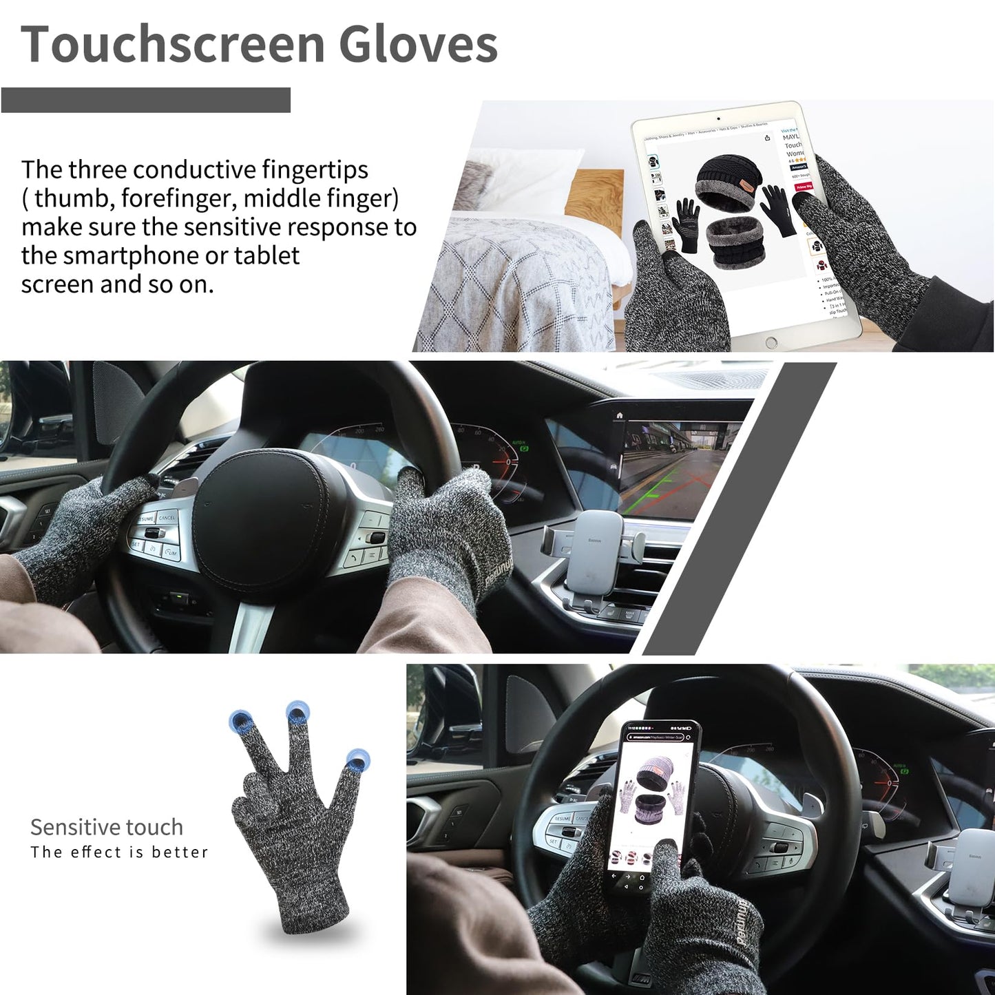 MAYLISACC 3 Pcs Mens Womens Winter Warm Fleece Beanie Hat with Touch Screen Gloves and Neck Warmer Gaiter Set Grey