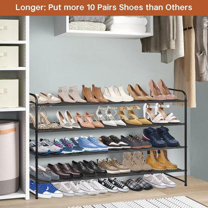 KIMBORA 4 Tier Long Shoe Rack for Closet Floor, Wide Shoe Shelf Storage Organizer 30-Pairs Stackable Sneaker Organizer for Closet, Bedroom (Black)