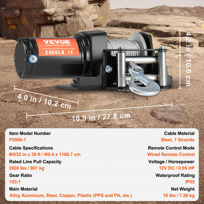 VEVOR ATV Winch, 2000 lb Electric Winch, 12V Small ATV UTV Winch with 5/32 in x 39 ft Steel Cable Roller Fairlead Wired Remote Control, IP55 Waterproof for Towing UTV ATV Car Vehicle Off-Road