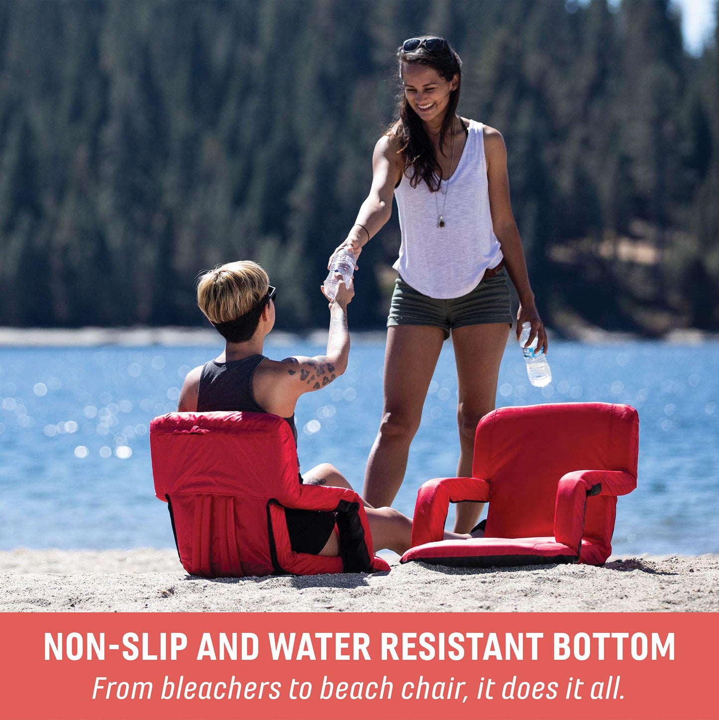 PICNIC TIME Ventura Portable Reclining Stadium Seat with Back Support, Folding Bleacher Chairs with Back and Cushion, Thick Padded Stadium Seat and Armrest, Includes Six Backrest Positions, (Black)