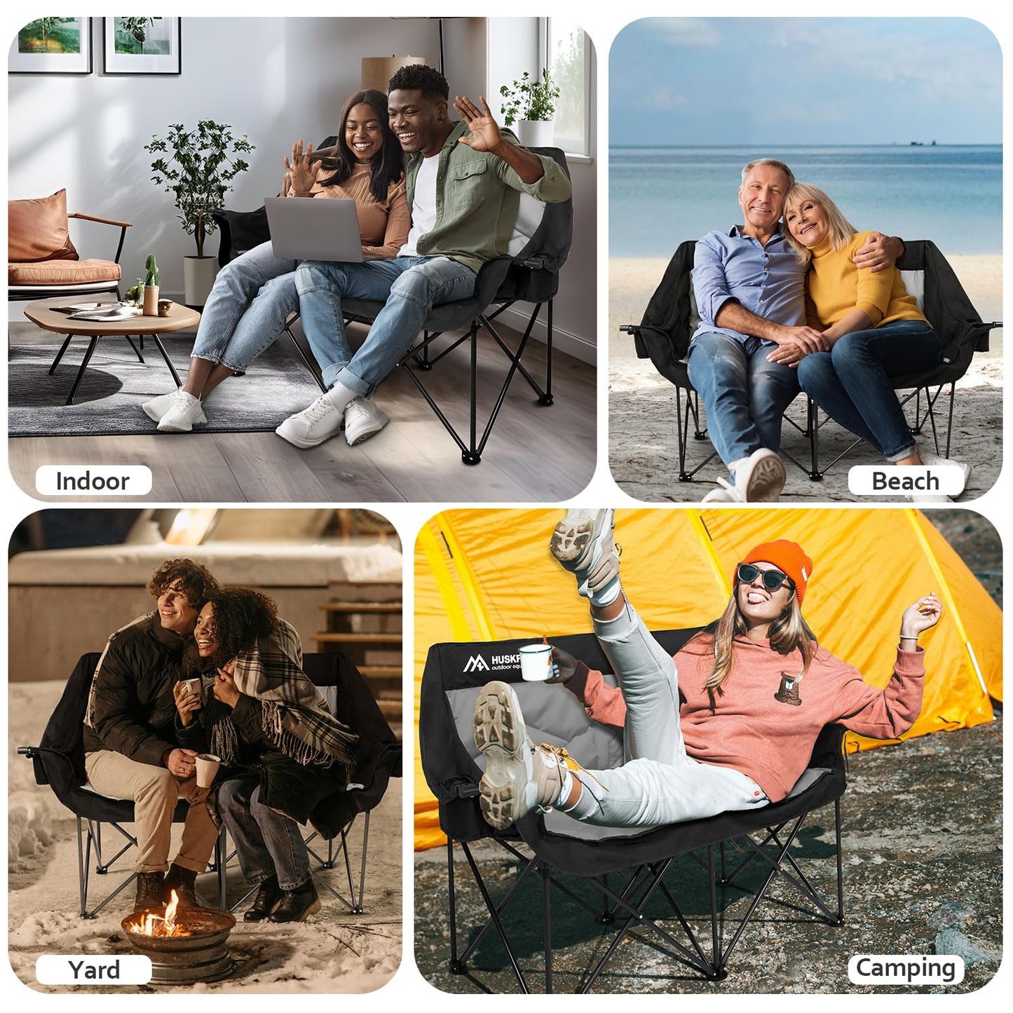 Huskfirm 2 Person Camping Chair Oversized Loveseat Camping Chair Double Camping Chairs for Adults Heavy Duty Camping Couch Black Outdoor Folding Chair Portable Patio Lawn Chair