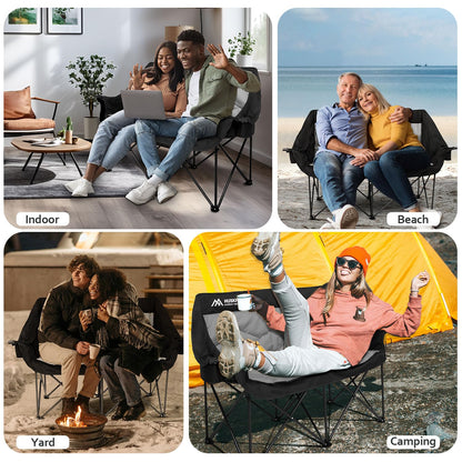 Huskfirm 2 Person Camping Chair Oversized Loveseat Camping Chair Double Camping Chairs for Adults Heavy Duty Camping Couch Black Outdoor Folding Chair Portable Patio Lawn Chair