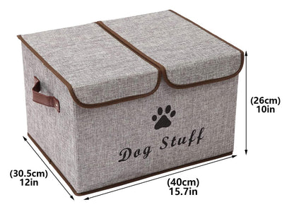 Geyecete Large Storage Boxes - Large Linen Fabric Foldable Storage Cubes Bin Box Containers with Lid and Handles for Dog Apparel & Accessories, Dog Coats, Dog Toys, Dog Clothing(Grey)