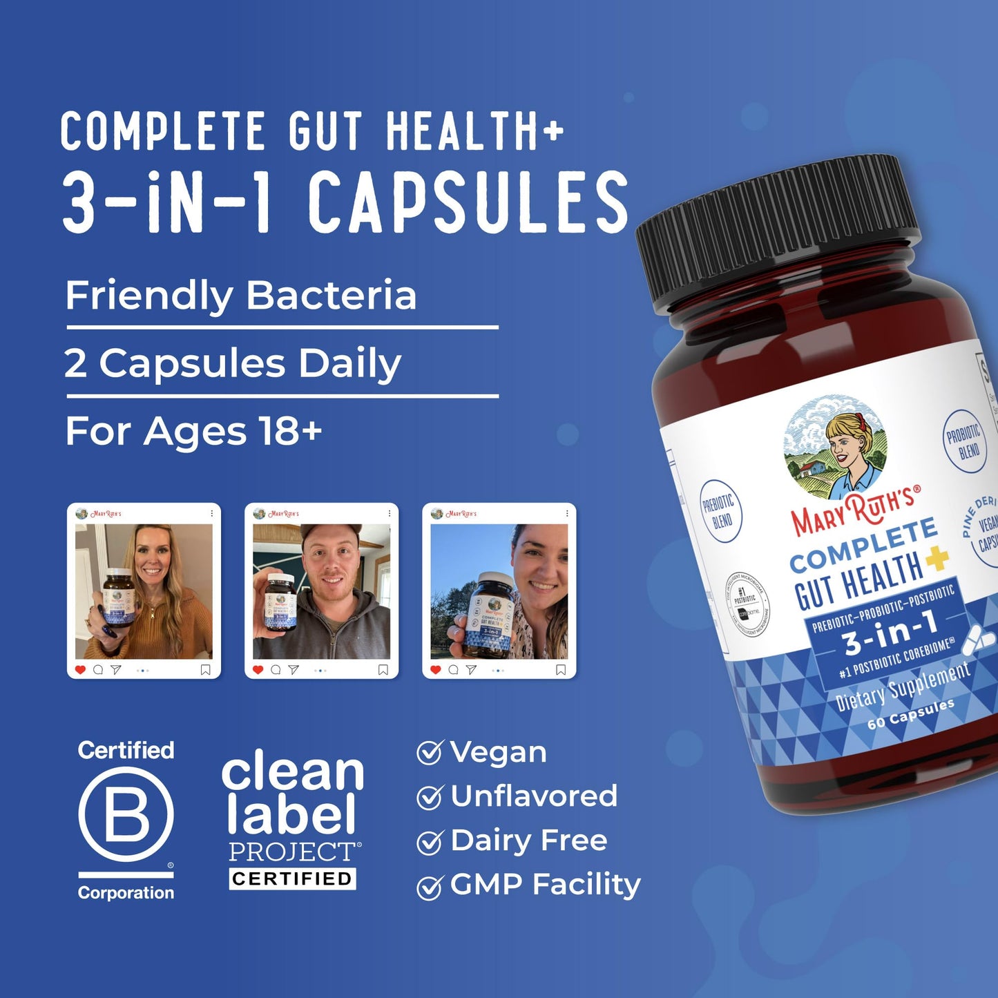 MaryRuth's Complete Gut Health+ Capsules | 5 Probiotic Blend | Butyrate | Corebiome® | Vegan Gut Support | Support Gastrointestinal Health & Microbiome | 2 Capsules Daily | 30 Servings