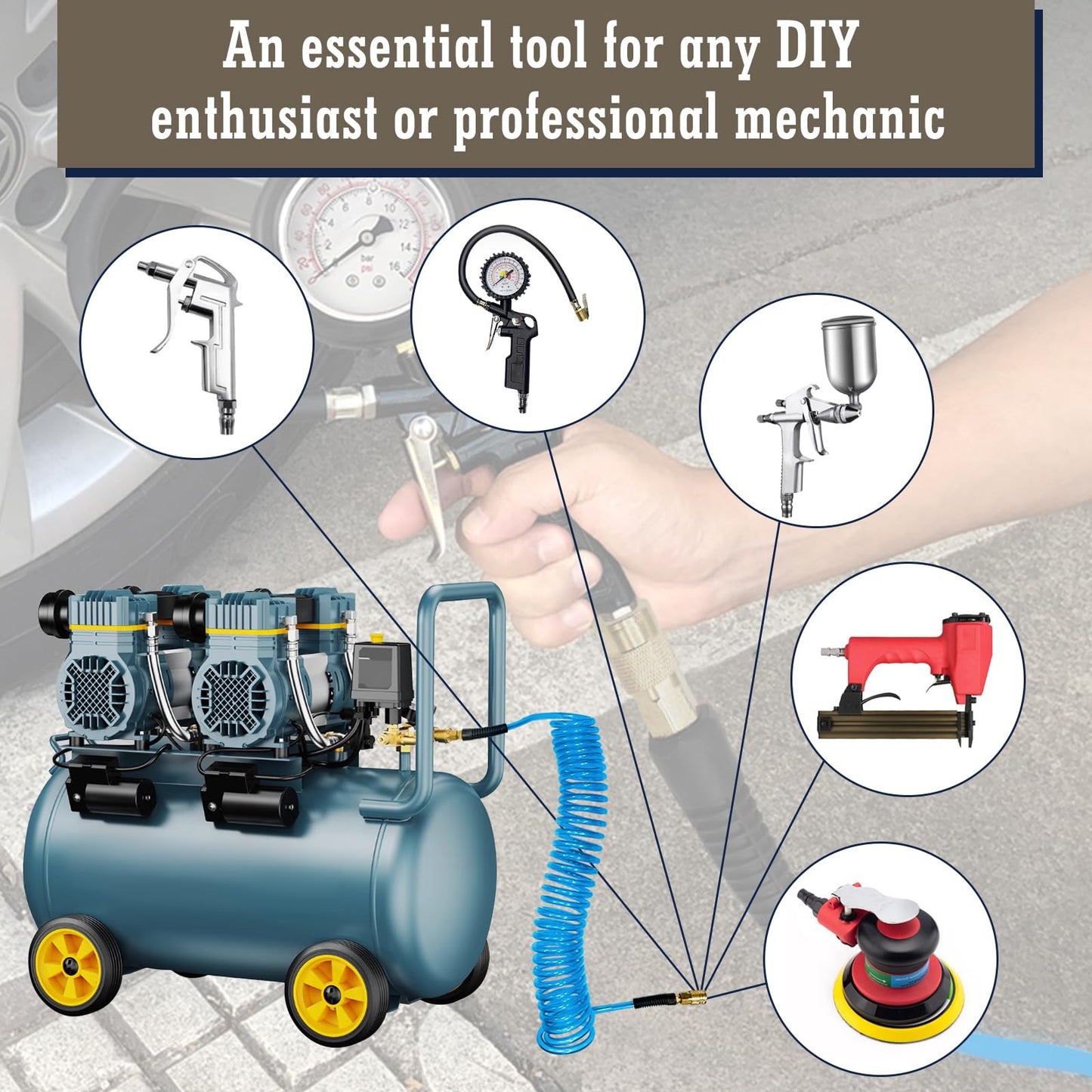 1/4 in x 50 ft Polyurethane Air Hose with Bend Restrictor, Air Compressor Hose with 1/4 Solid 100% Pure Copper Quick Connect Fittings and I/M Plug Kit, Coiled PU Air Hose 1/4", Blue