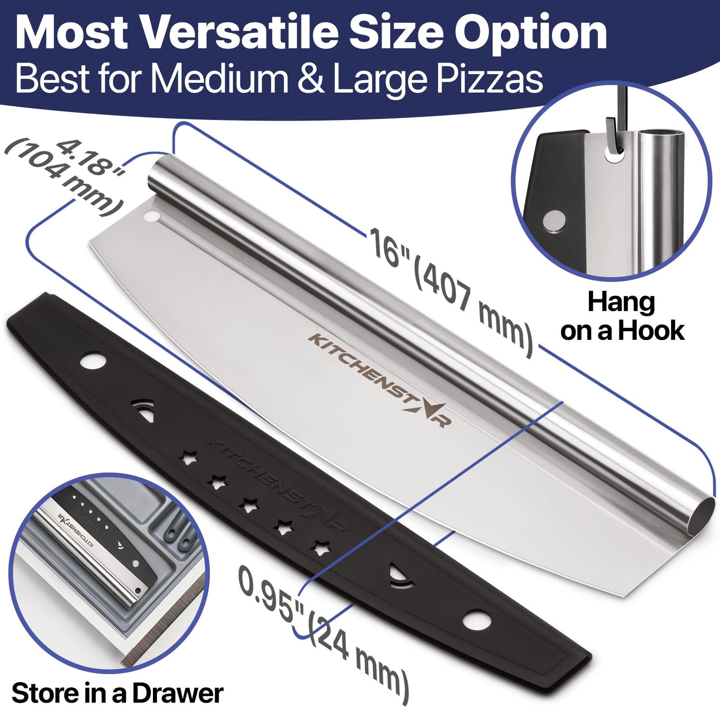 KitchenStar 16-Inch Pizza Cutter Rocker Blade - Sharp Stainless Steel Slicer Knife, Protective Cover, Dishwasher Safe, Large - Professional Pizza Oven Accessories
