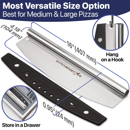 KitchenStar 16-Inch Pizza Cutter Rocker Blade - Sharp Stainless Steel Slicer Knife, Protective Cover, Dishwasher Safe, Large - Professional Pizza Oven Accessories