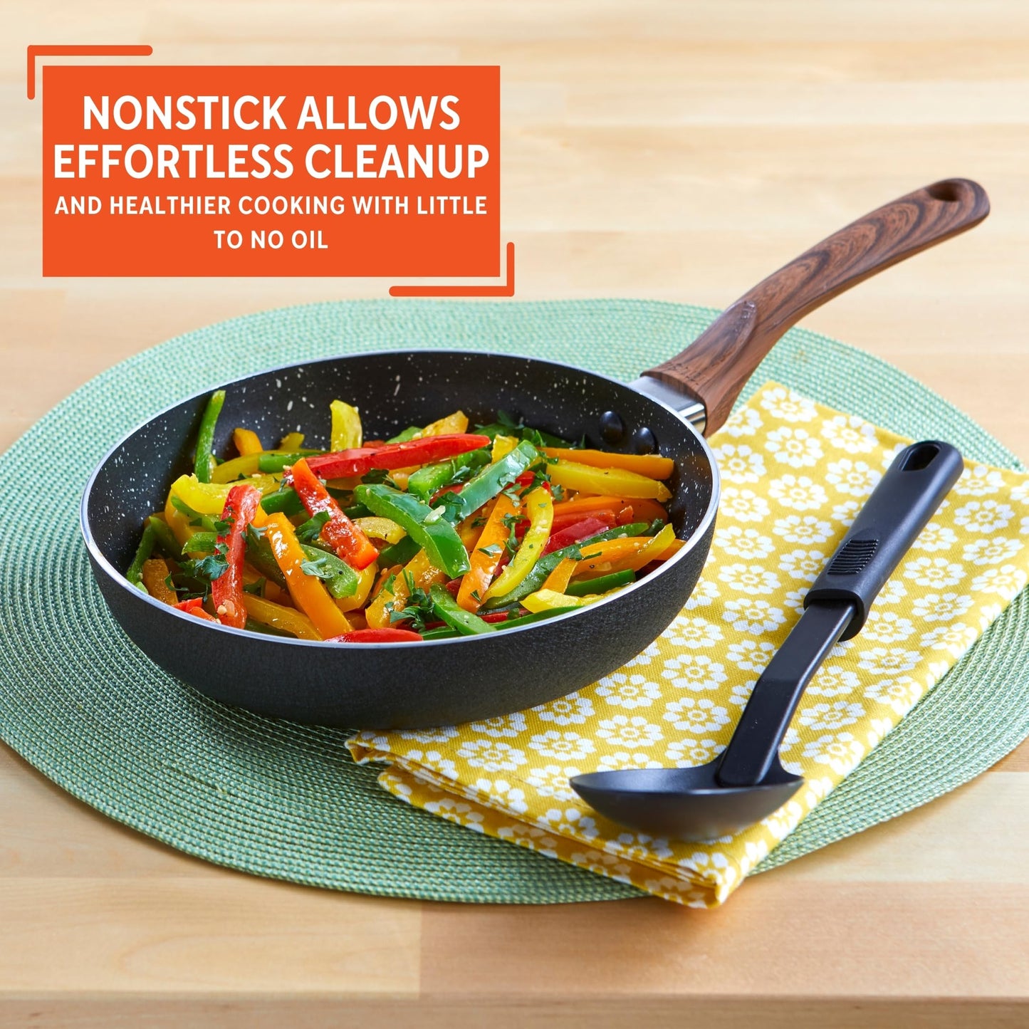 IMUSA USA Woodlook 8" Black Stone Fry Pan Handle and Speckled Nonstick Interior, 8"