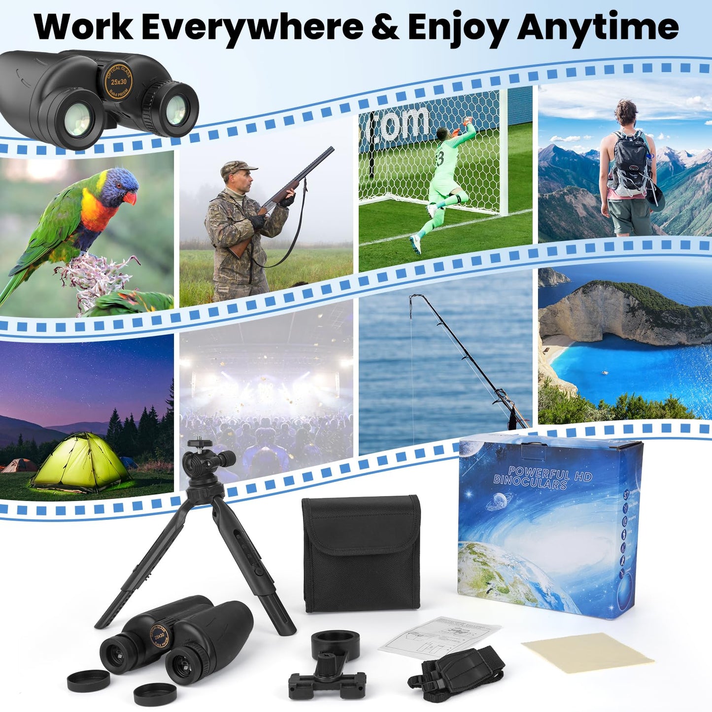 25x30 Professional Large Eyepiece Binoculars for Adults - Complete Kit with Phone Adapter, Tripod Adapter, Waterproof and Compact for Outdoor Adventures