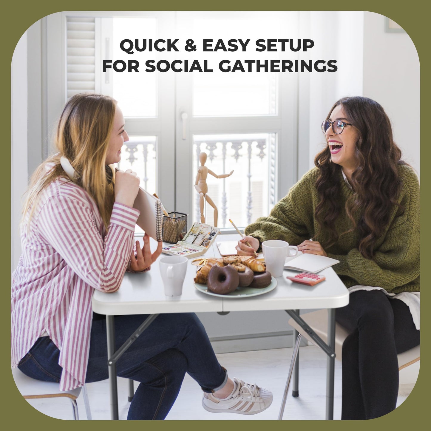 34" Square Foldable Table with Built in Handle & Steel Legs | Heavy Duty Portable | Perfect for Party, Dining, Wedding, Events, Picnic Indoor, Outdoor, Camping, Utility, Temporary