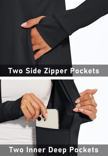 MAGCOMSEN Women's UPF 50+ Lightweight Athletic Jacket Sun Protection Full Zip Long Sleeve Shirts Hiking Outdoor Pockets Black L