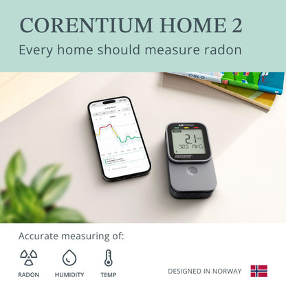 Airthings 325 Corentium Home 2 Smart Digital Radon Detector - Portable and Easy-to-use Radon Testing with Bluetooth connectivity and Humidity & Temperature Sensors