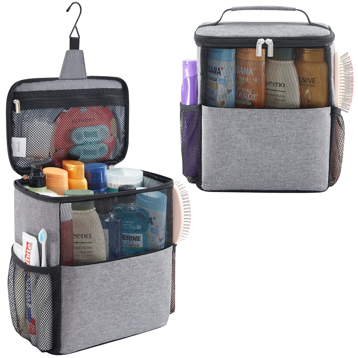 Lifewit Mesh Shower Caddy Bag Portable College Dorm Room Essentials Caddy Tote Basket for Bathroom, Gym, Travel, Camping Quick Dry Hanging Shower Organizer Toiletry Bag for Women Wen, Large, Gray