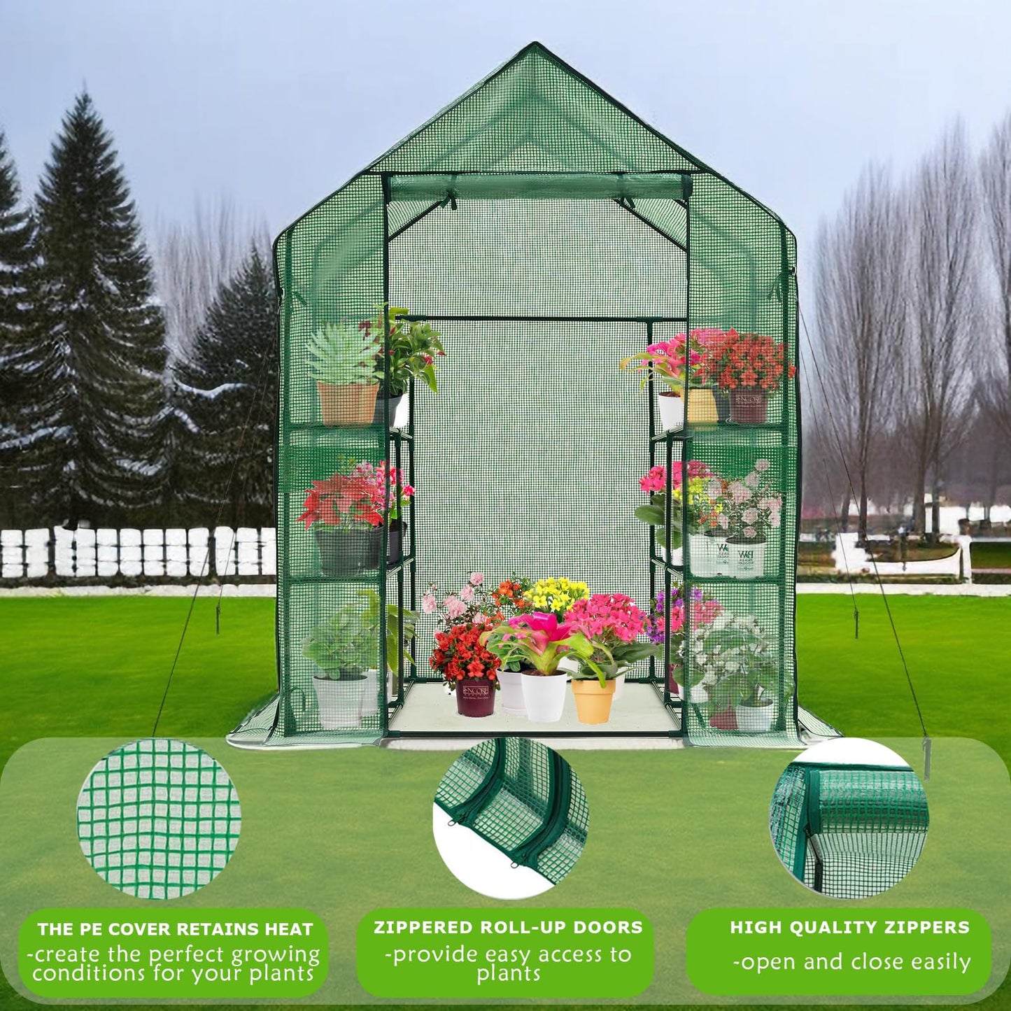 Purlyu Walk-in Greenhouse w/ Roll-Up Zipper Door & Screen Windows-3 Tiers 12 Shelves 56x56x76“ PE Greenhouse for Outdoor Gardening Plants Cold Frost Protection Wind Rain Proof(PLGHW002G-N)