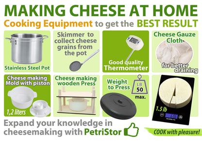PetriStor Cheese Mold for Cheese Making Cheese with Follower Piston 1.3QT and Cheesecloth - Cheese Form Mold - Cheese Making Basket - Paneer Cheese Press Mold - Molde Para Queso