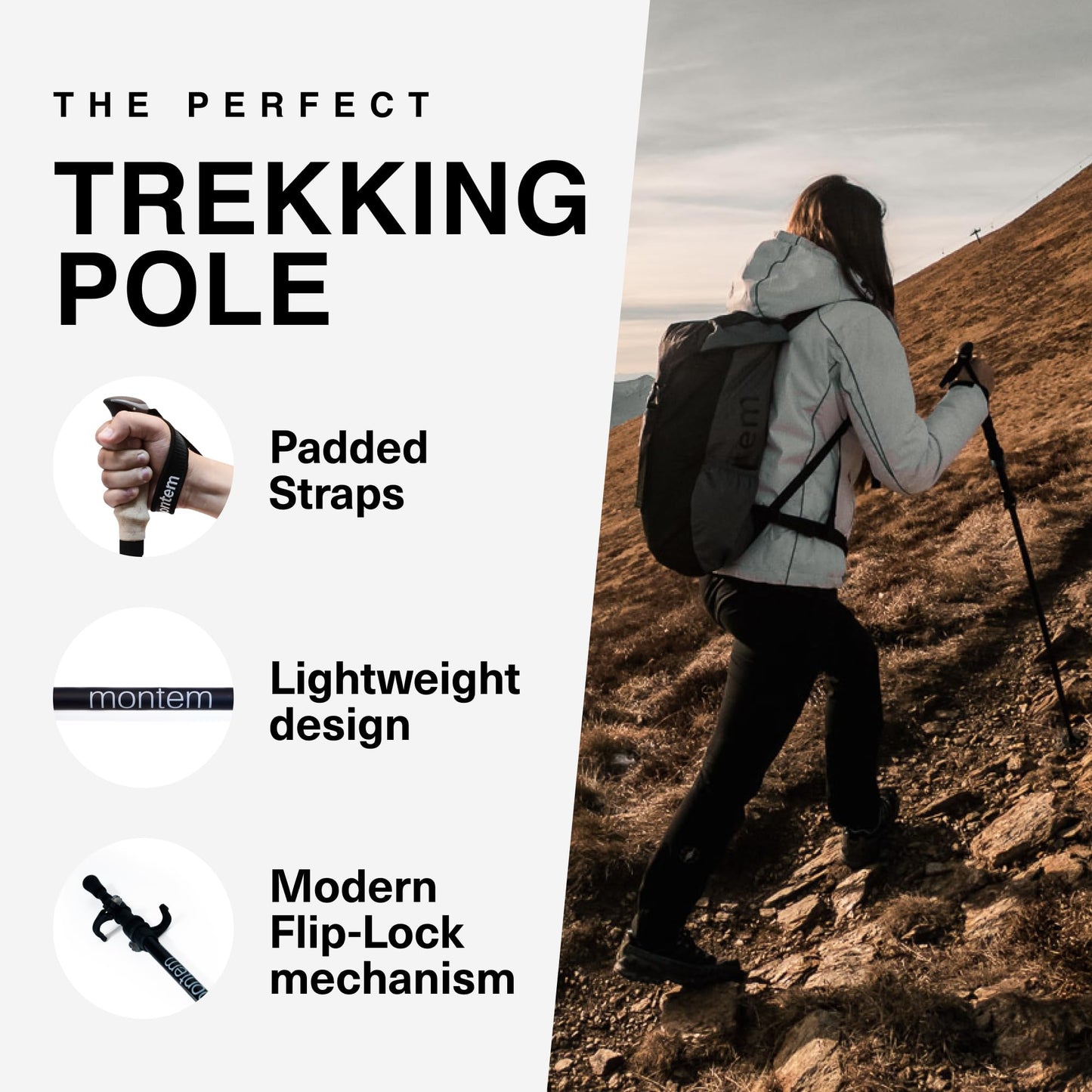 Montem Ultra Strong Trekking, Walking, and Hiking Poles - One Pair (2 Poles) - Collapsible, Lightweight, Quick Locking, Weather-Resistant and Ultra Durable (Black (EVA Foam Grip))