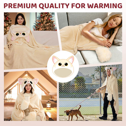 Mewaii Wearable Oversized Blanket Hoodie for Adults, Fennec Fox Blanket Hooded Cloak, Warm and Cozy Flannel Cute Blanket Hoodie, Funny Blanket Christmas Gifts for Women And Males