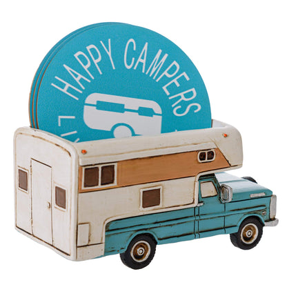 Happy Camper Car Truck RV Coasters - Rustic Home Decor for Drinks - Living Room Table Dining Bar Camp Coasters