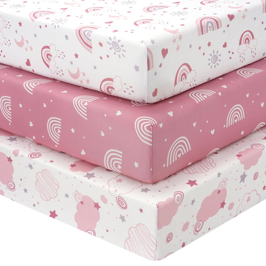 FIEMOL Baby Crib Sheets Girl, 3 Pack Toddler Bed Sheets Fitted for 52”x28” Standard Crib and Toddler Mattresses, Super Soft Microfiber Pink Rainbow