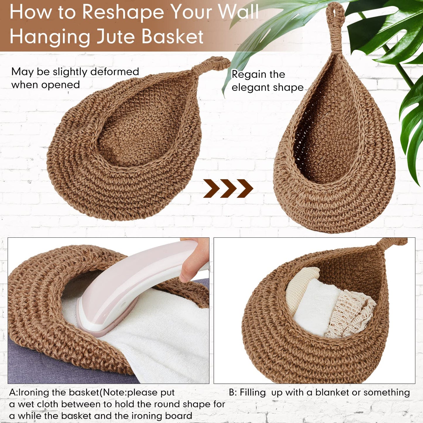 Honeydak Hanging Wall Basket Teardrop Hanging Baskets Onion Basket Coat Bohemian Storage Fruit Wall Hooks for Kitchen Wall Home Restaurant Storage Vegetable, 3 Sizes(Linen)