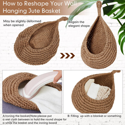 Honeydak Hanging Wall Basket Teardrop Hanging Baskets Onion Basket Coat Bohemian Storage Fruit Wall Hooks for Kitchen Wall Home Restaurant Storage Vegetable, 3 Sizes(Linen)