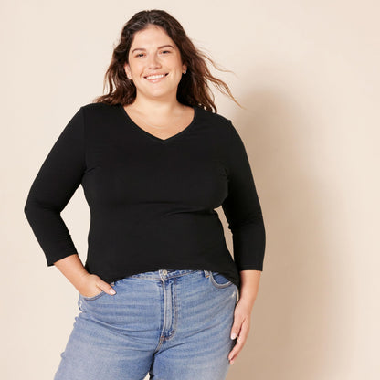 Amazon Essentials Women's Regular-Fit 3/4 Sleeve V-Neck T-Shirt (Available in Plus Size), Black, Large